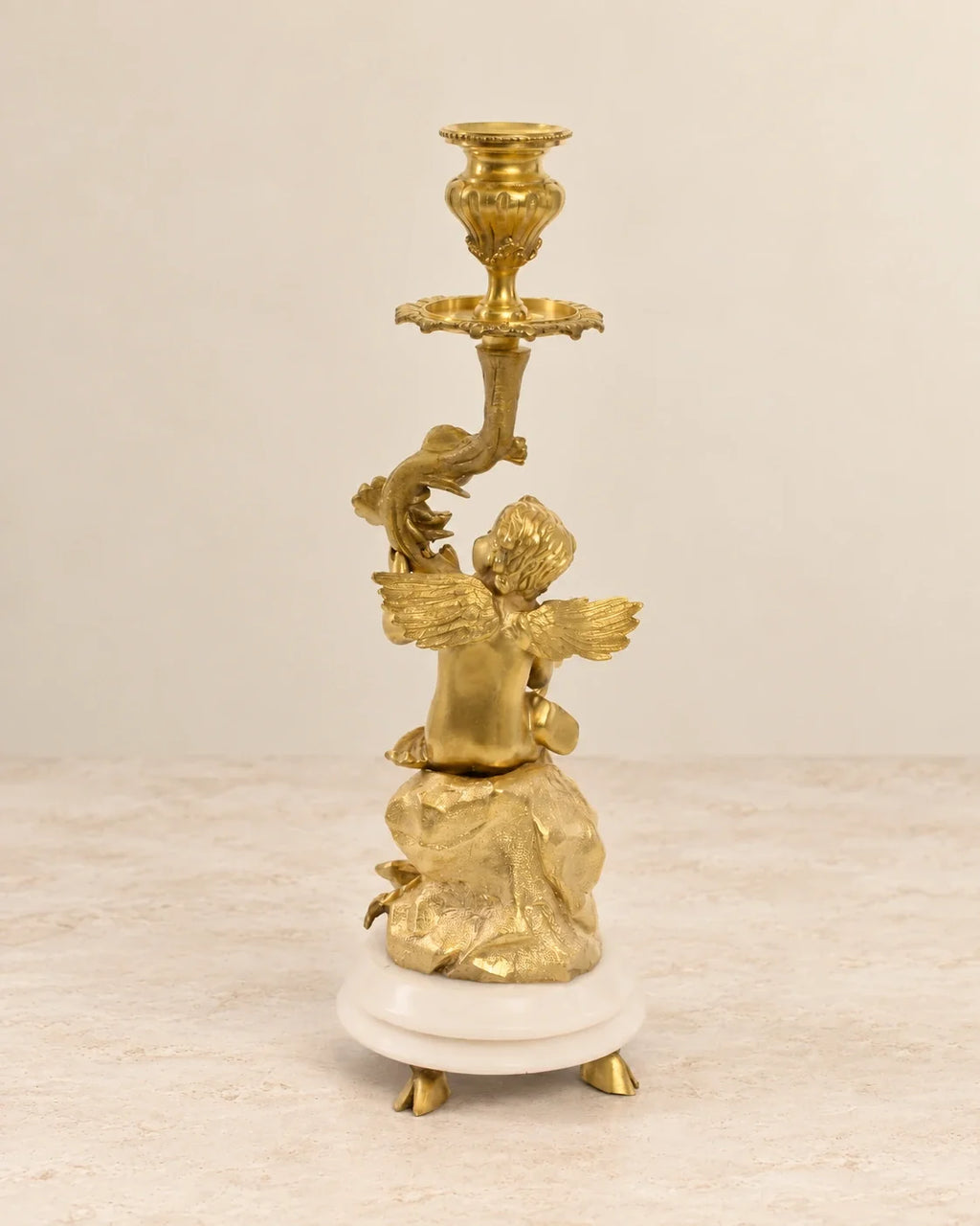 Pair of Cherub Bronze Candlesticks with Marble Bases — reverse view