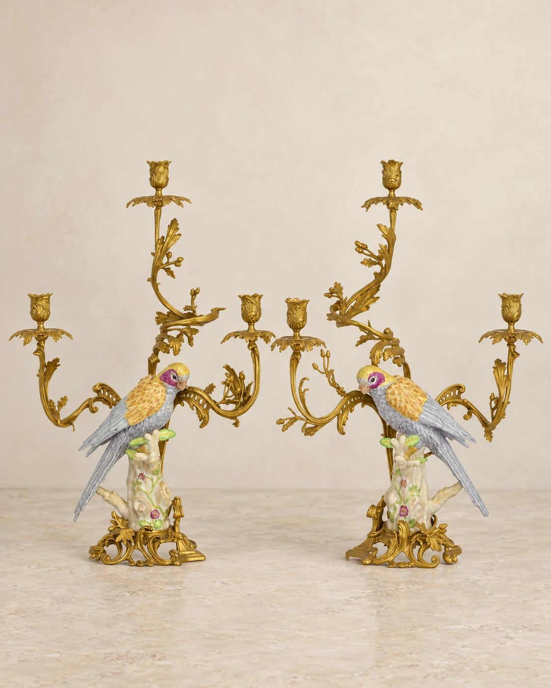 Pair of Porcelain Parrot Candelabra