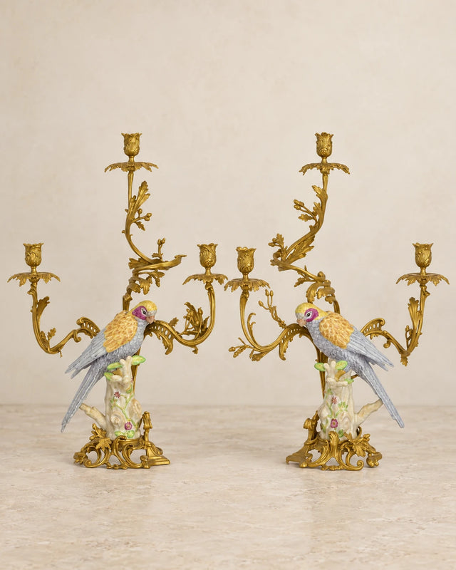 Pair of Porcelain Parrot Candelabra