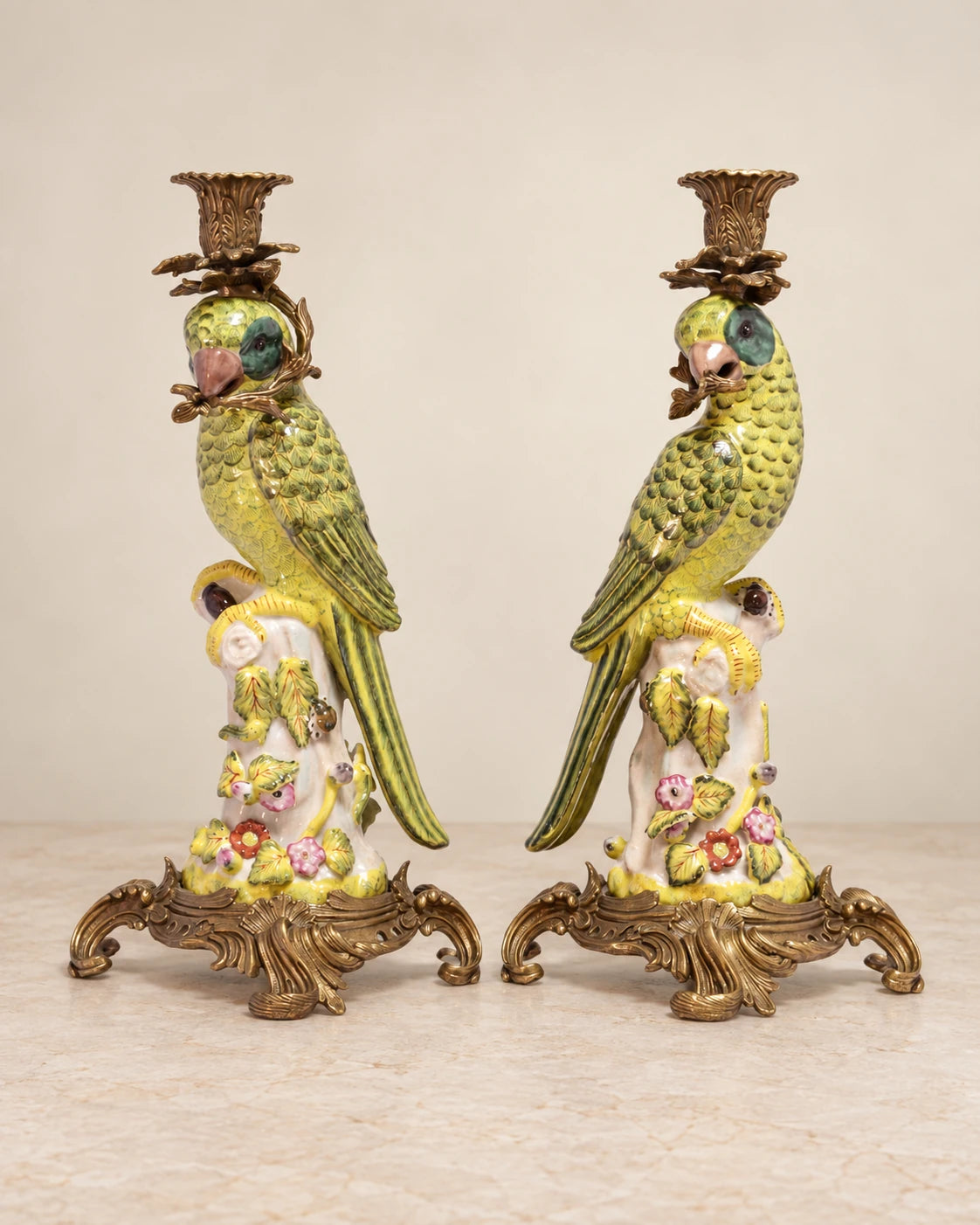 Pair of Porcelain Parrot Candle Holders, Green & Yellow