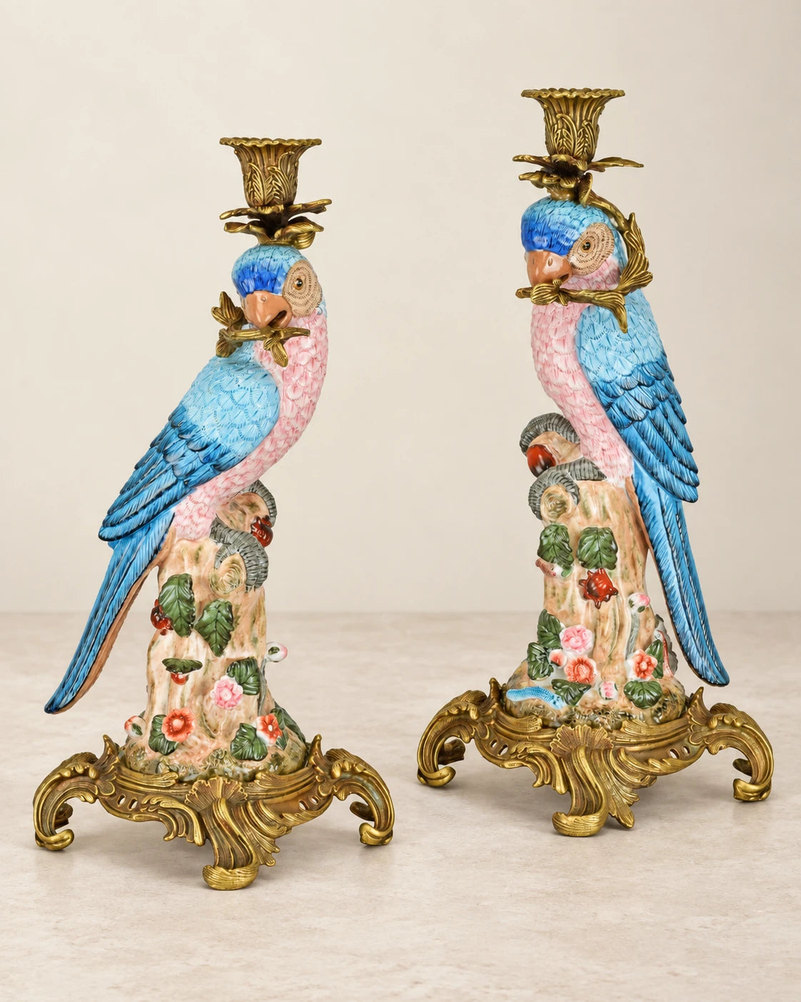 Pair of Porcelain Parrot Candle Holders, Pink & Blue
