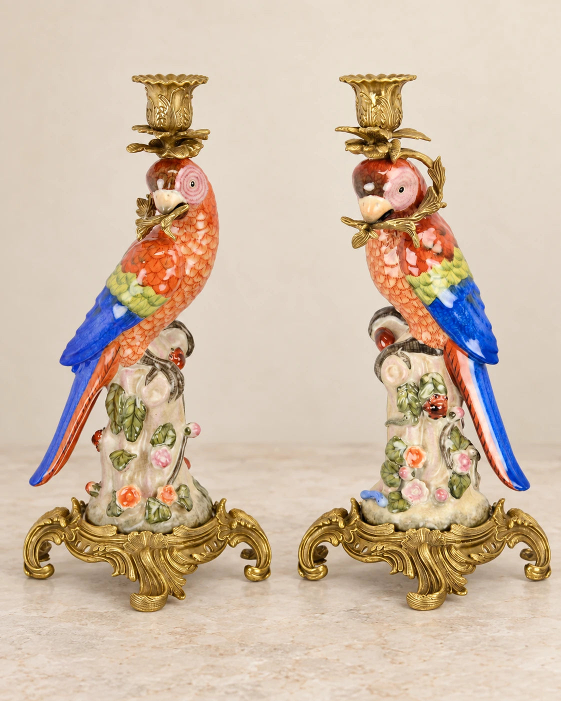 Pair of Porcelain Parrot Candle Holders, Red & Blue