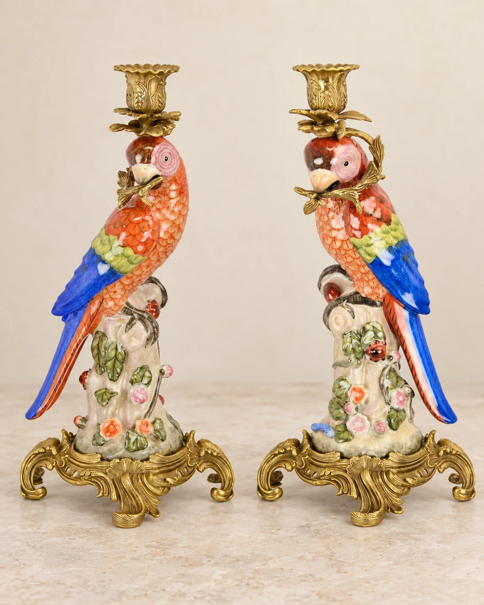 Pair of Porcelain Parrot Candle Holders