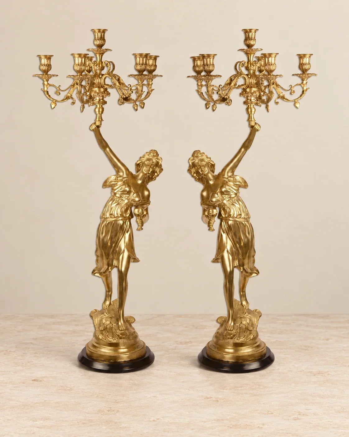 Pair of Six-Light Bronze Candelabra on Round Bases — primary view