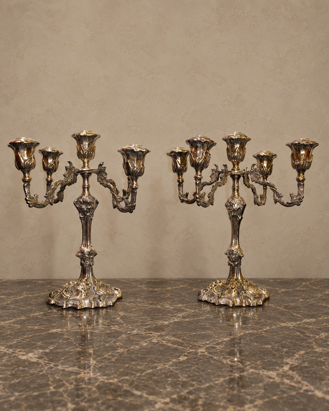 Pair of Silvered Five-Light Candelabra with Tulip Sockets