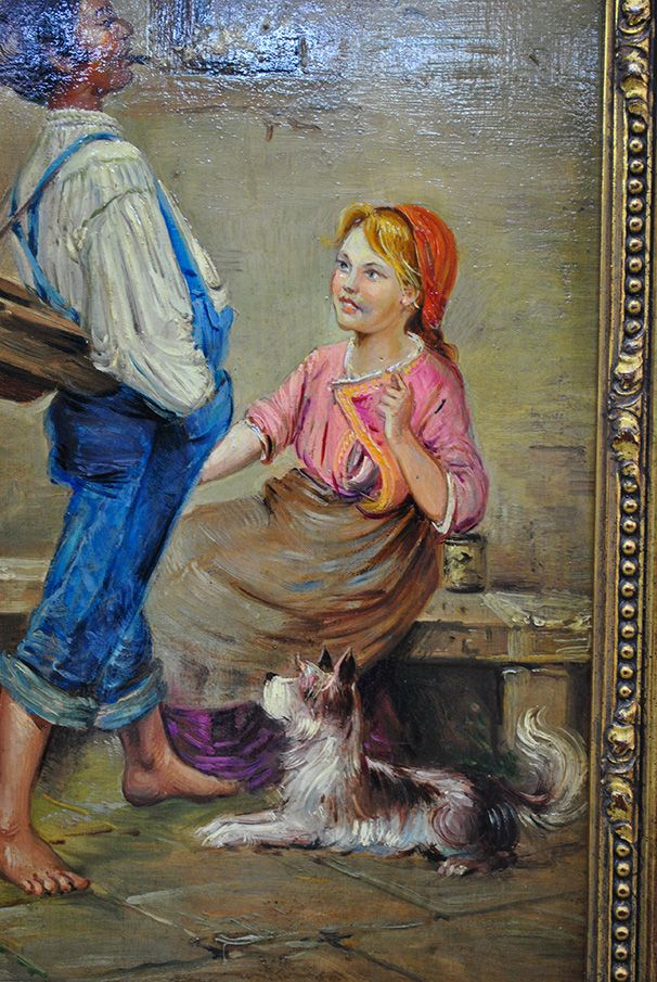 Country Conversation, Oil on Copper Signed Lambert — original detail view 5
