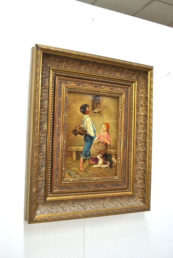 Country Conversation, Oil on Copper Signed Lambert