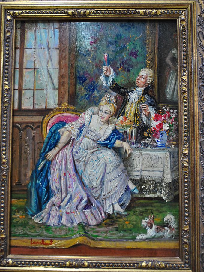 The Raised Glass, Oil on Copper Signed Lambert — original detail view 5