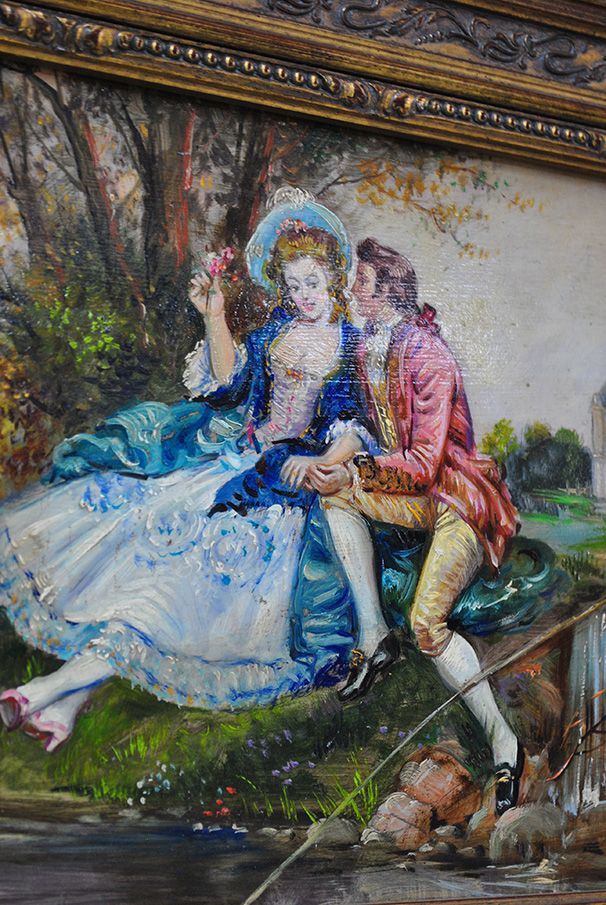 Courting Couple in a Landscape, Oil on Copper Signed Lambert — original detail view 4