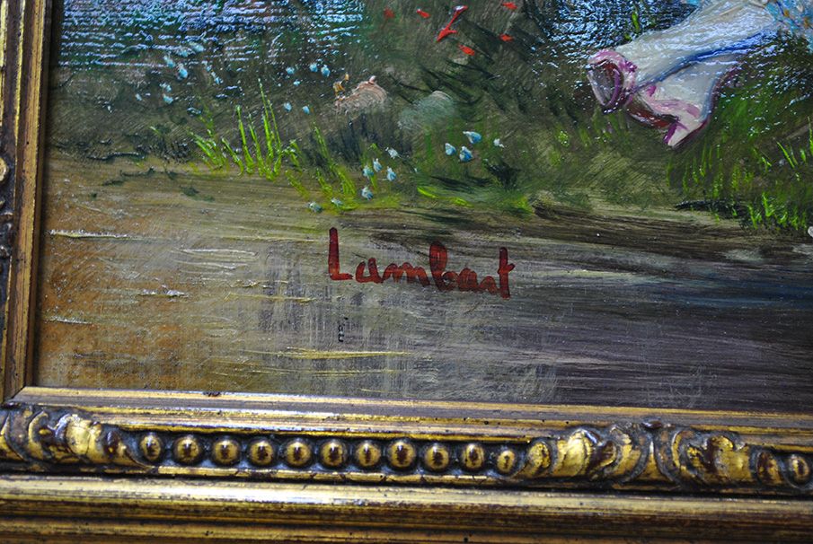 Courting Couple in a Landscape, Oil on Copper Signed Lambert — original detail view 6