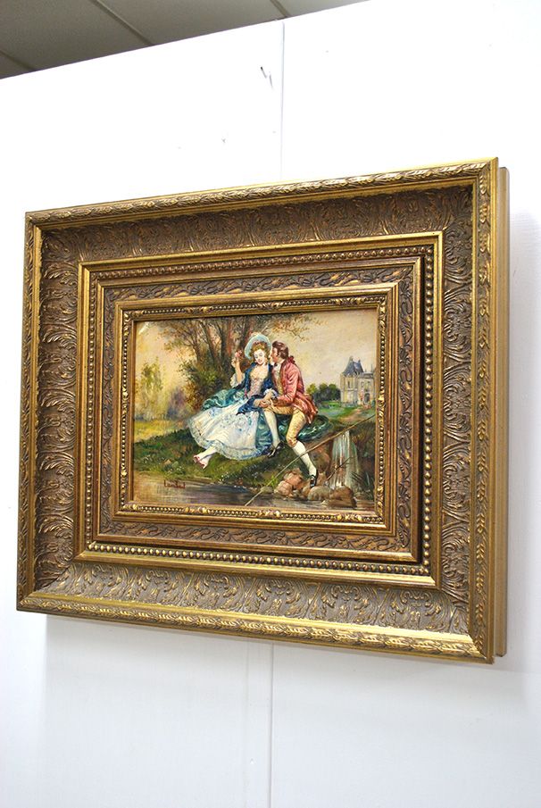 Courting Couple in a Landscape, Oil on Copper Signed Lambert