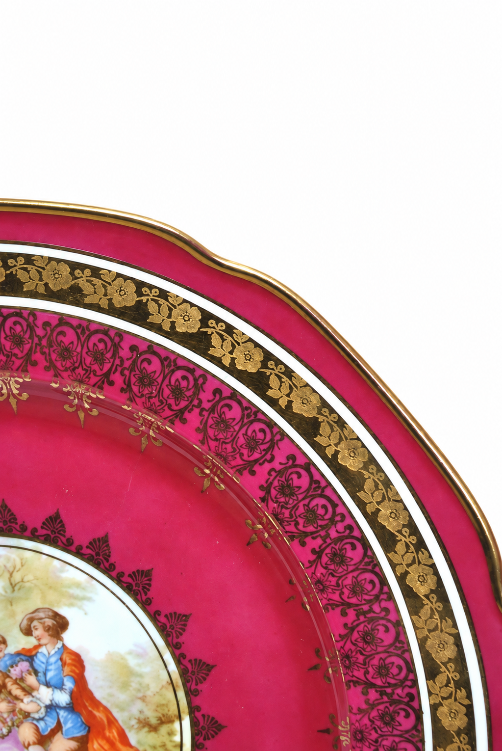 Burgundy and Gilt Porcelain Plate with Romantic Scene — detail view 6