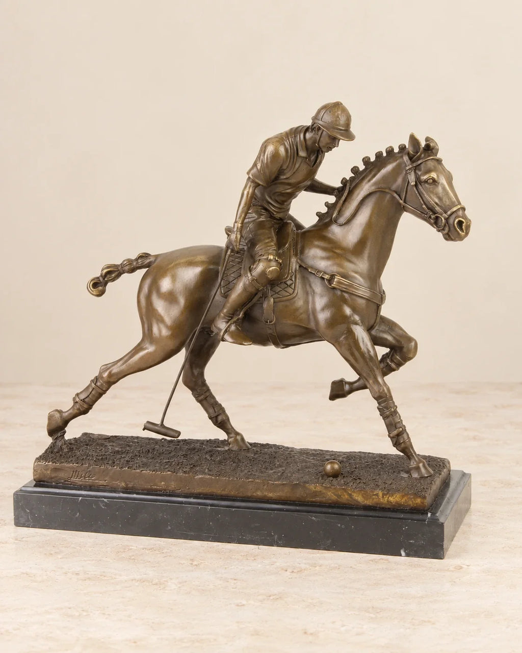 Polo Player Bronze Sculpture — primary view against a warm ivory background
