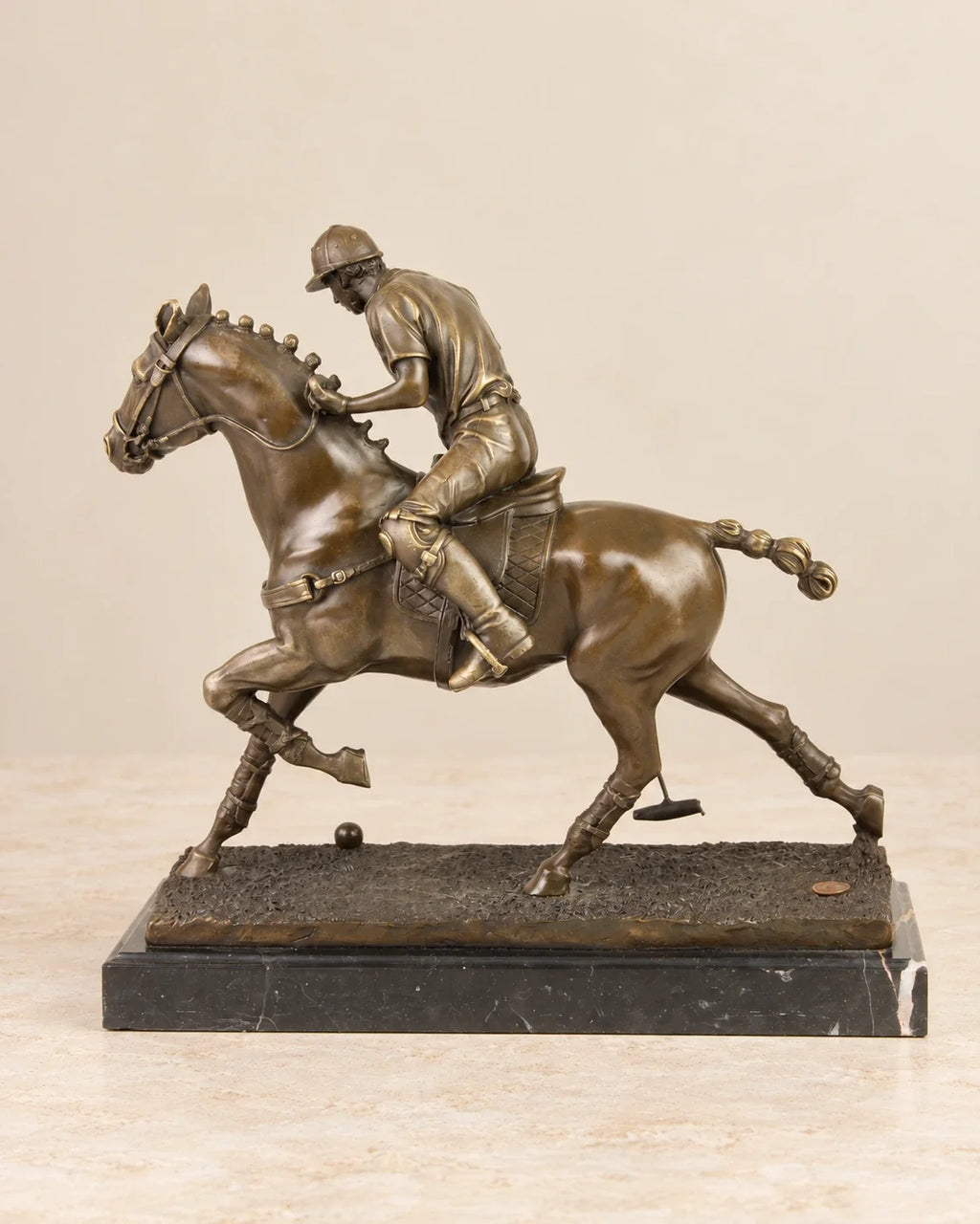 Polo Player Bronze Sculpture — second view against a warm ivory background