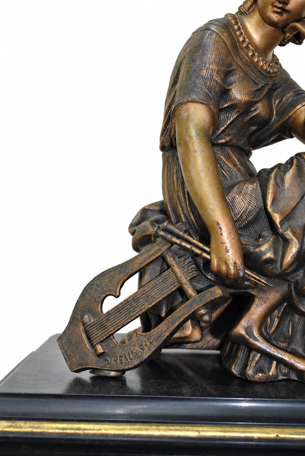 Bronze Lyre Player Mantel Clock on Black Marble — detail view 7