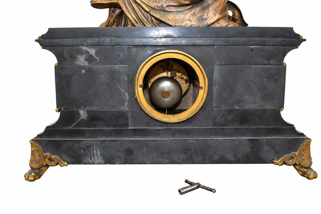 Bronze Lyre Player Mantel Clock on Black Marble — detail view 11