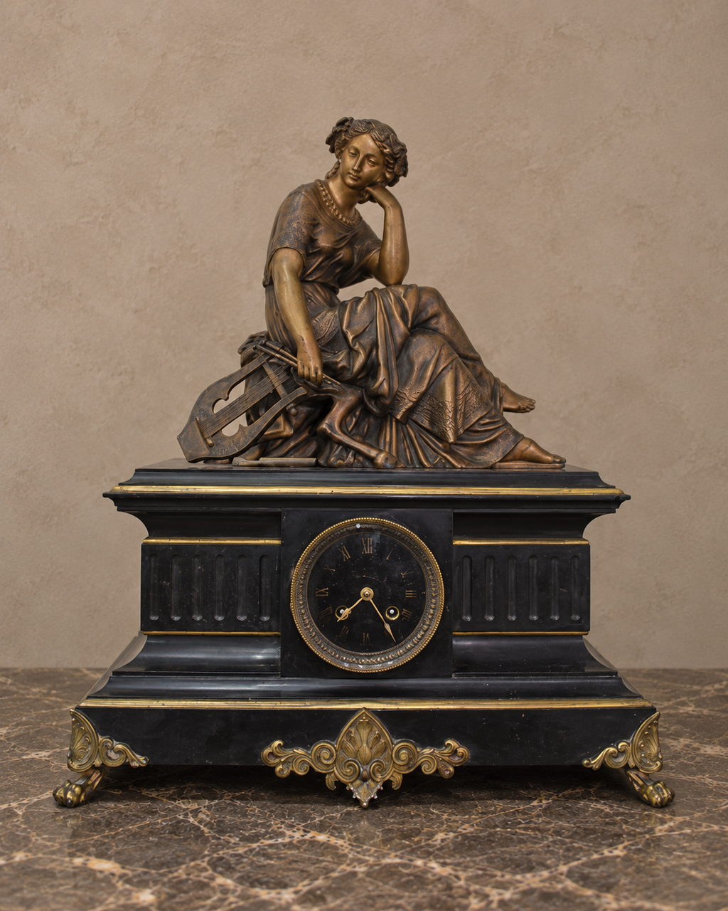 Bronze Lyre Player Mantel Clock on Black Marble — main view