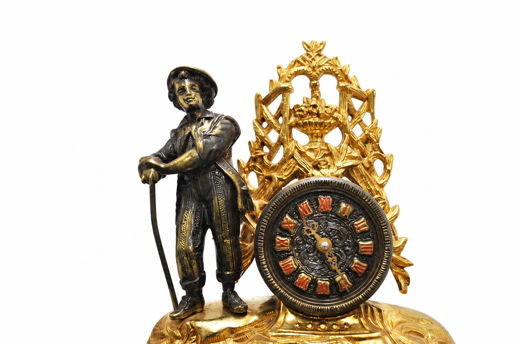 Gilt-Bronze Figural Mantel Clock with Young Shepherd — detail on white background