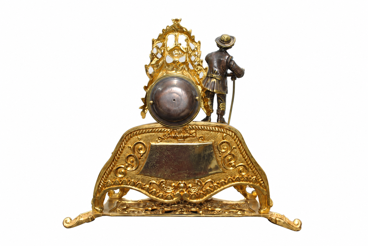 Gilt-Bronze Figural Mantel Clock with Young Shepherd — detail on white background