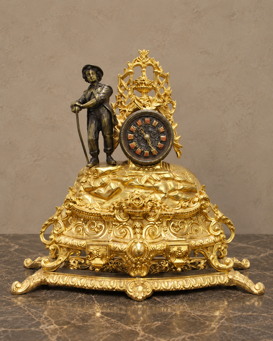 Gilt-Bronze Figural Mantel Clock with Young Shepherd — main view