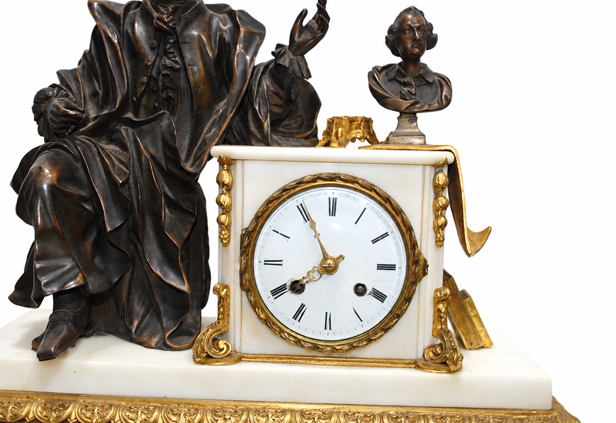 White Marble Mantel Clock with Scholar Figure and Bust — detail view 7