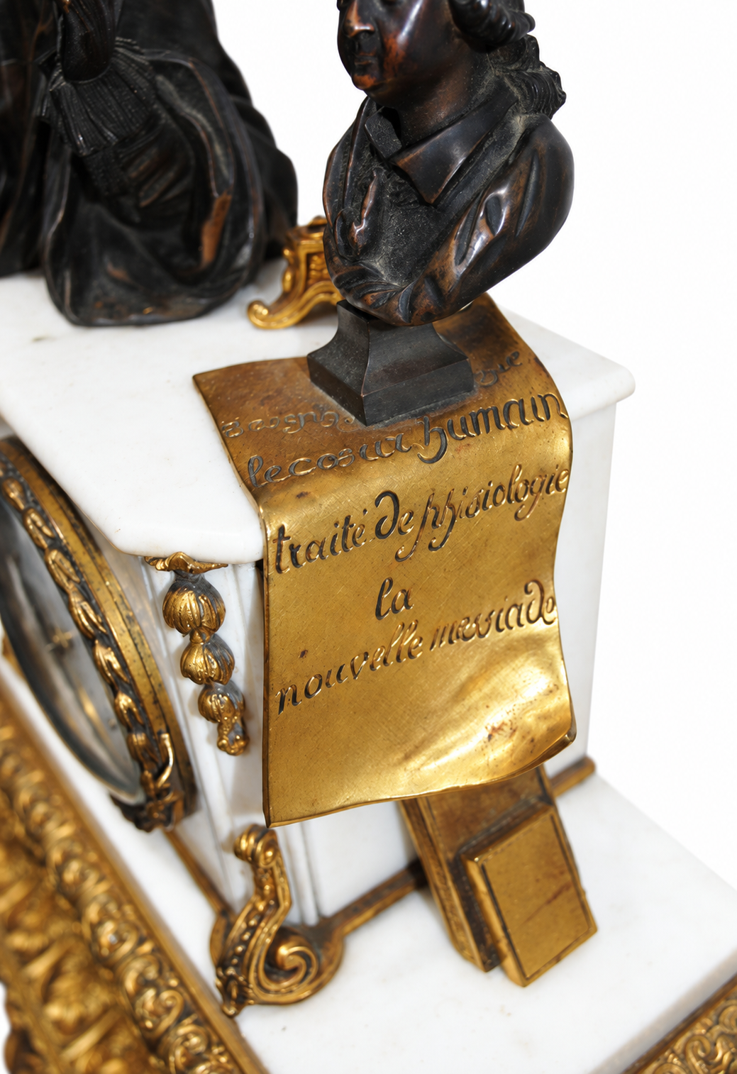 White Marble Mantel Clock with Scholar Figure and Bust — detail view 11