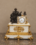 White Marble Mantel Clock with Scholar Figure and Bust — main view