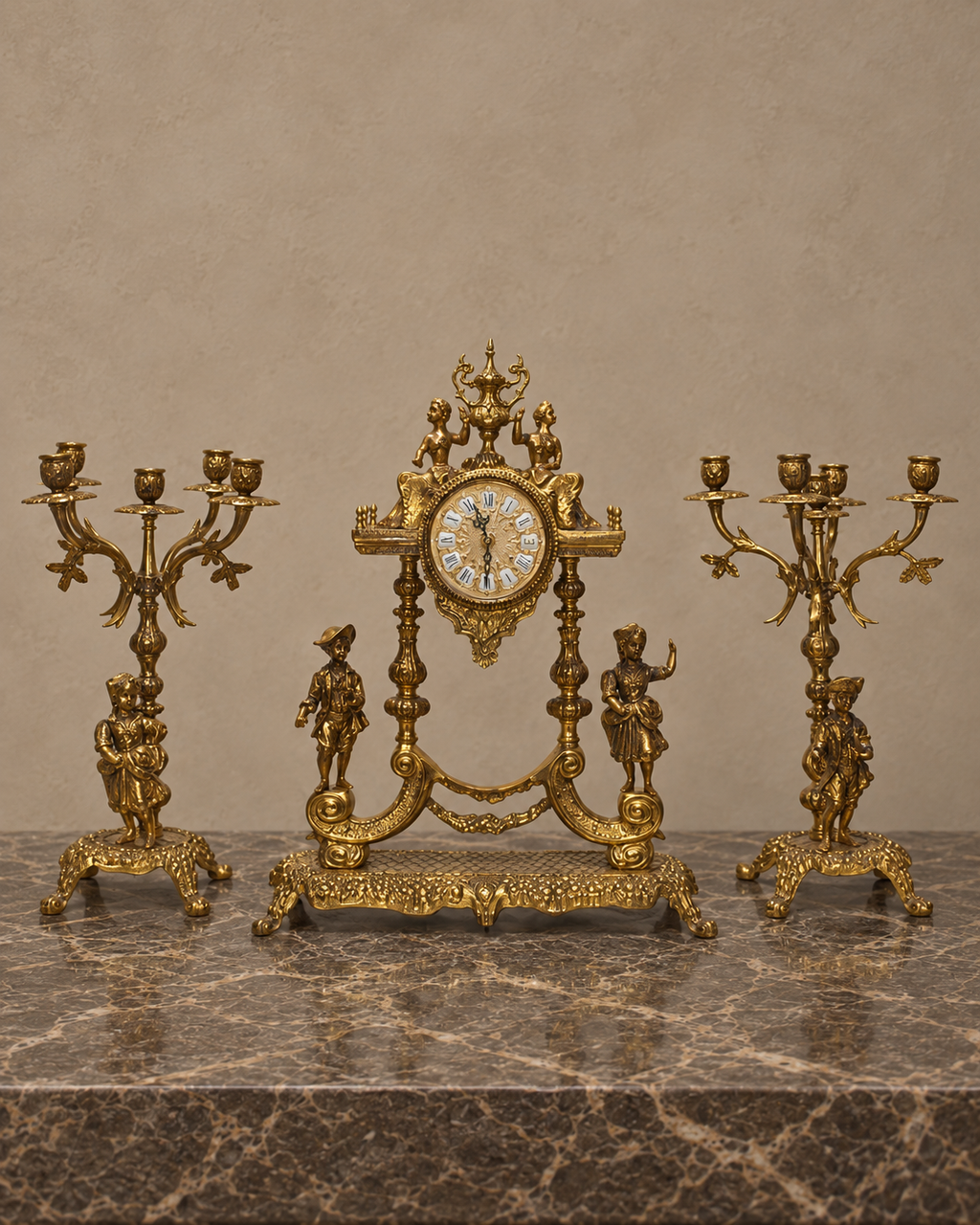 Gilt-Bronze Figural Clock and Candelabra Garniture — main view