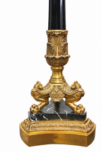 Architectural Bronze and Marble Clock with Electric Candelabra — detail on white background