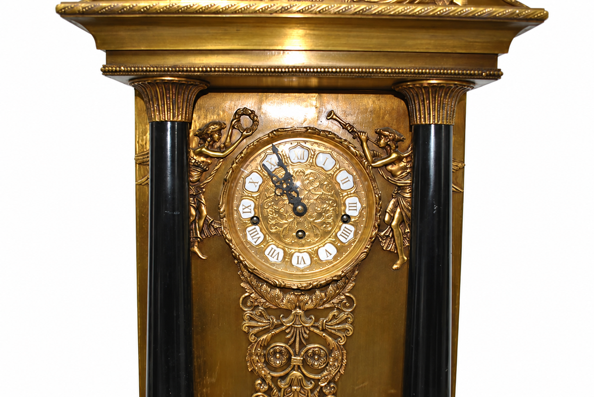 Architectural Bronze and Marble Clock with Electric Candelabra — detail on white background