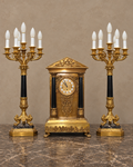Architectural Bronze and Marble Clock with Electric Candelabra — main view