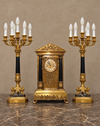 Architectural Bronze and Marble Clock with Electric Candelabra — main view