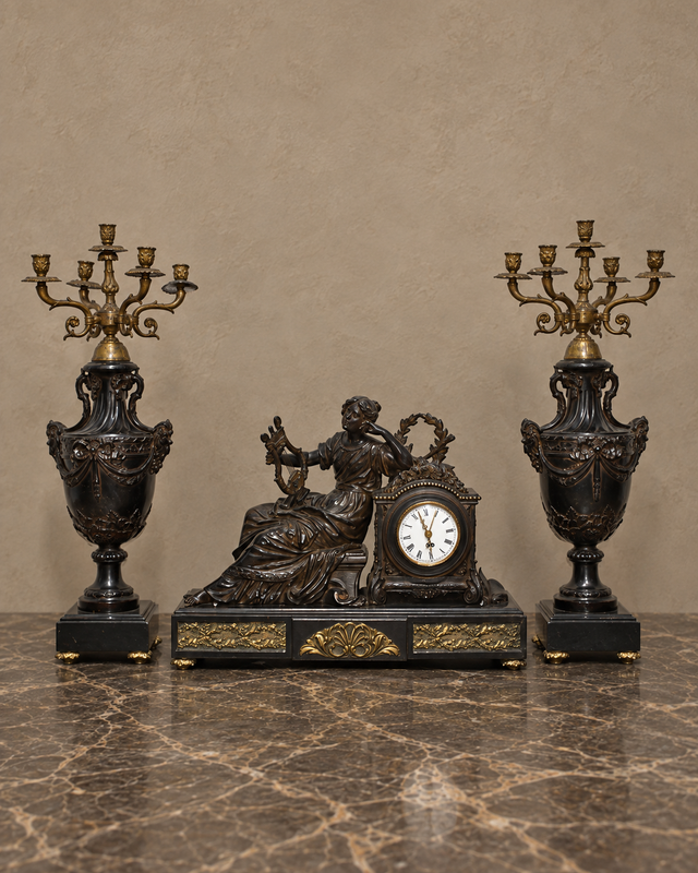 Empire-Style Lyre Player Clock and Candelabra Set