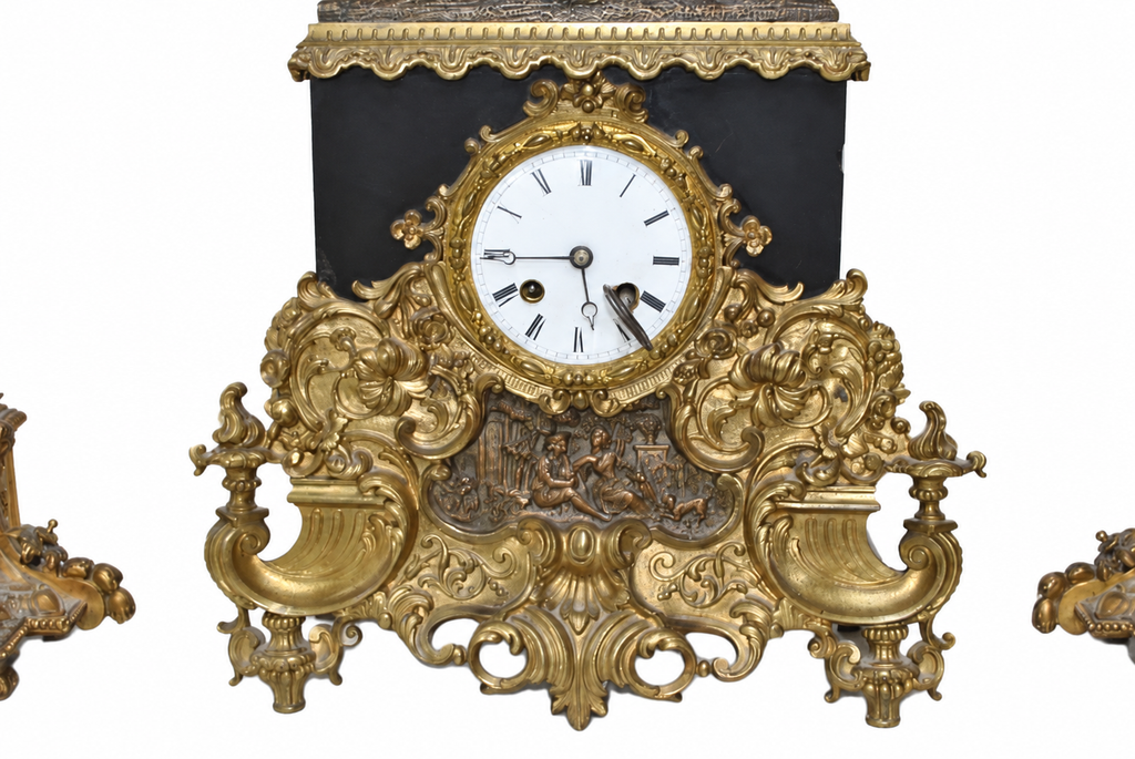 Napoleon-Style Painter Mantel Clock and Candelabra Set — detail view 6