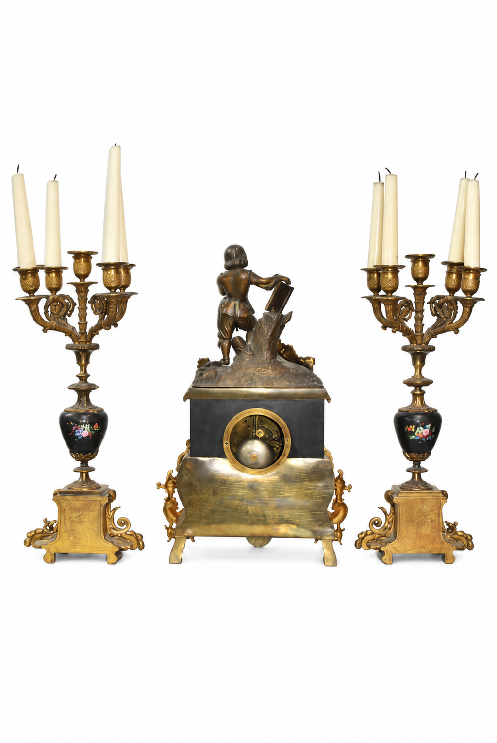 Napoleon-Style Painter Mantel Clock and Candelabra Set — detail view 14