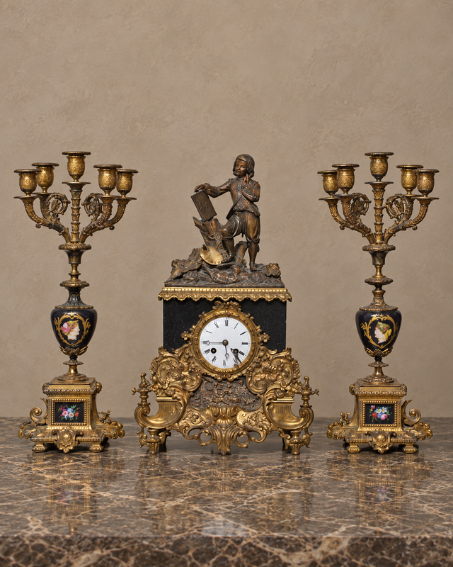 Napoleon-Style Painter Mantel Clock and Candelabra Set