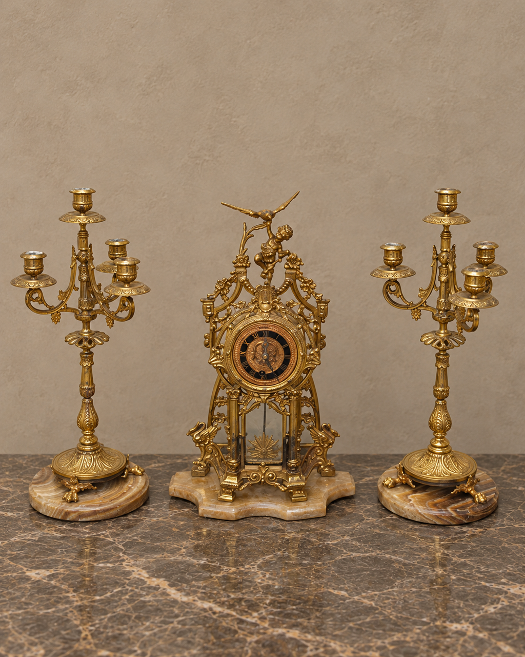 Gilt-Bronze Cherub Clock and Candelabra on Brown Marble — main view