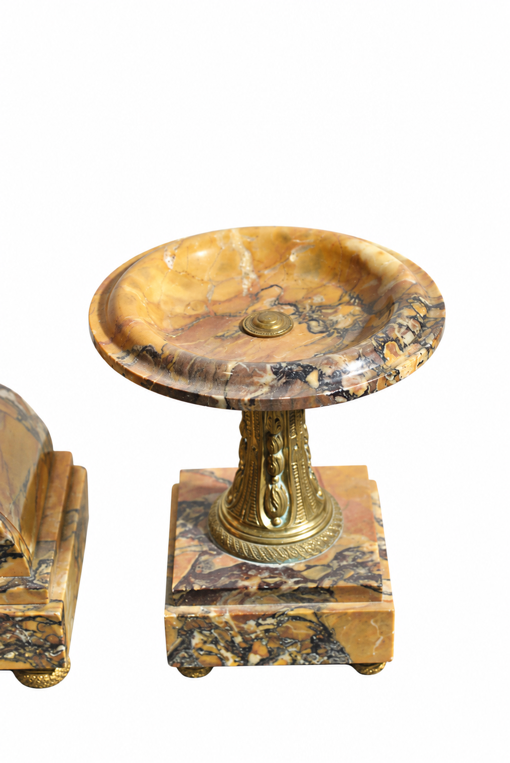 Eagle-Crest Brown Marble Mantel Clock and Pedestal Dishes — detail view 4