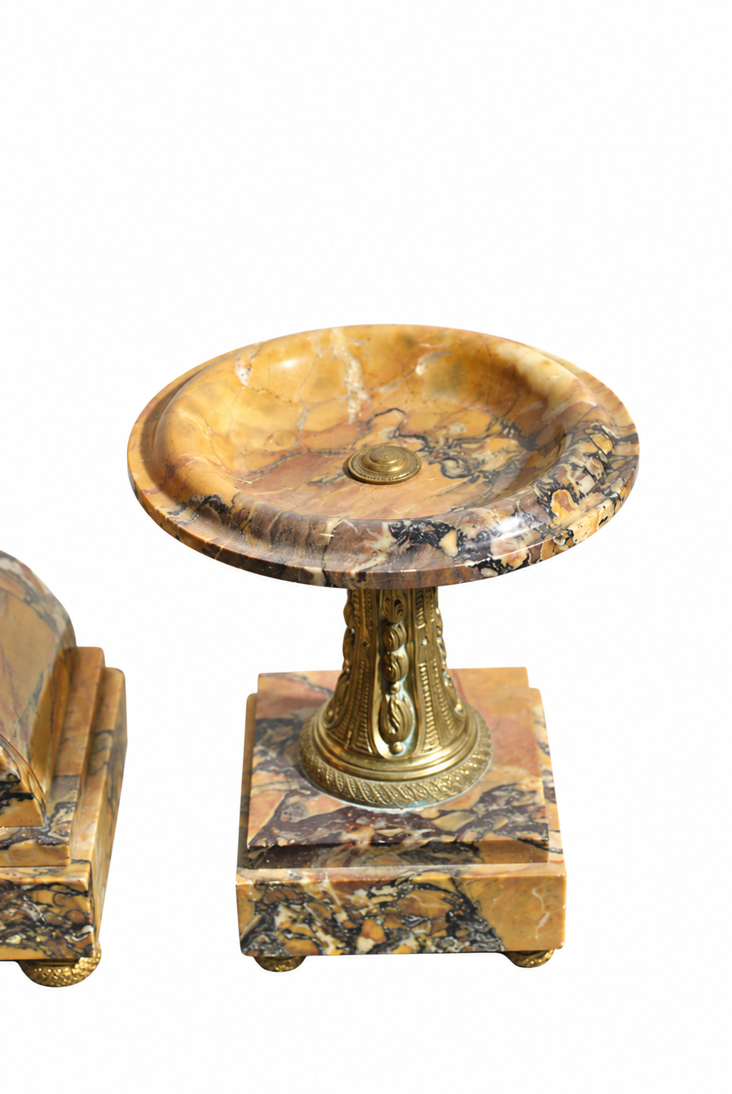 Eagle-Crest Brown Marble Mantel Clock and Pedestal Dishes — detail view 4