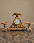 Eagle-Crest Brown Marble Mantel Clock and Pedestal Dishes — main view