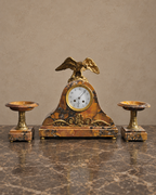 Eagle-Crest Brown Marble Mantel Clock and Pedestal Dishes — main view