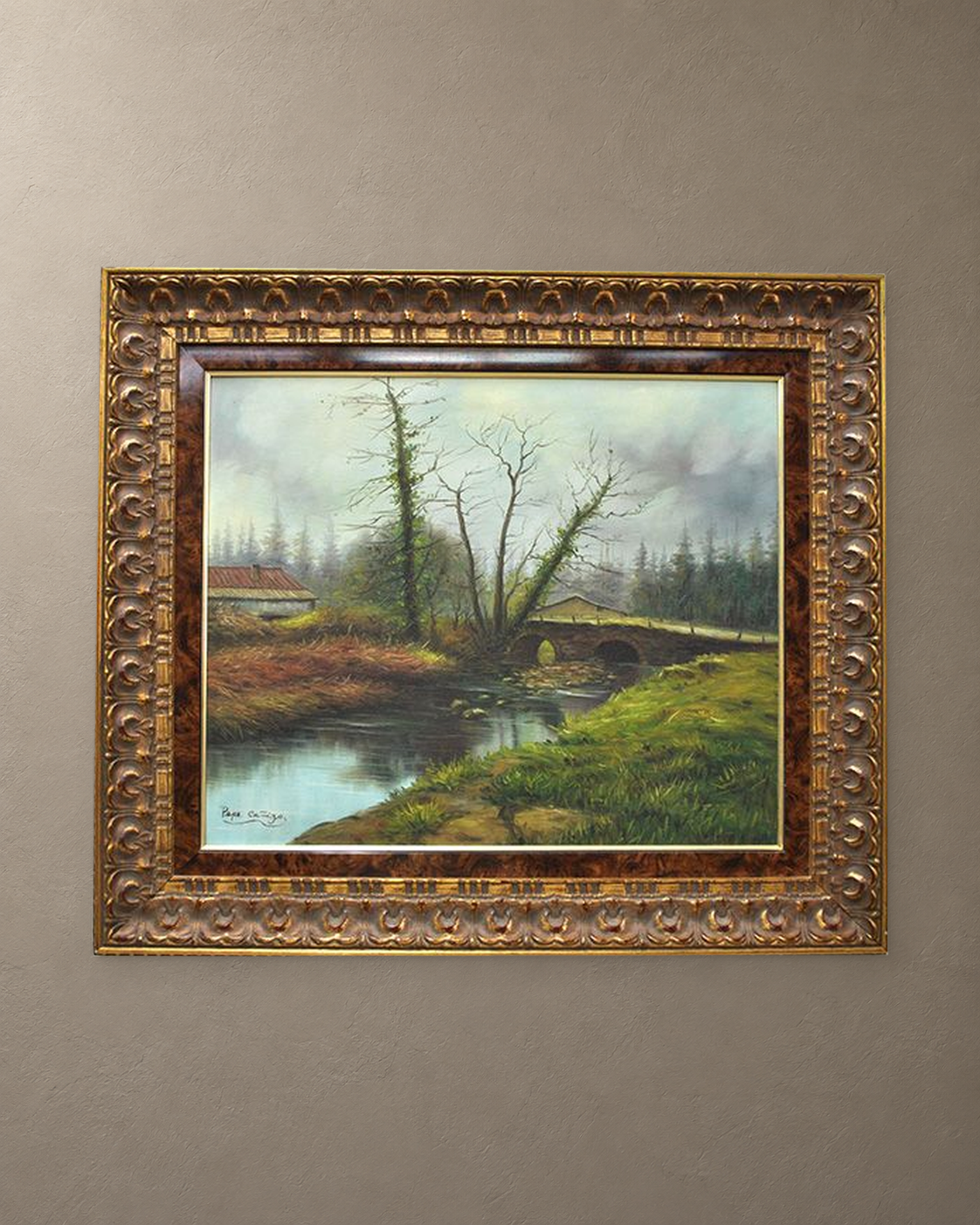 River and Stone Bridge, Oil Painting Signed Pepe Cañizo — framed artwork on a taupe wall