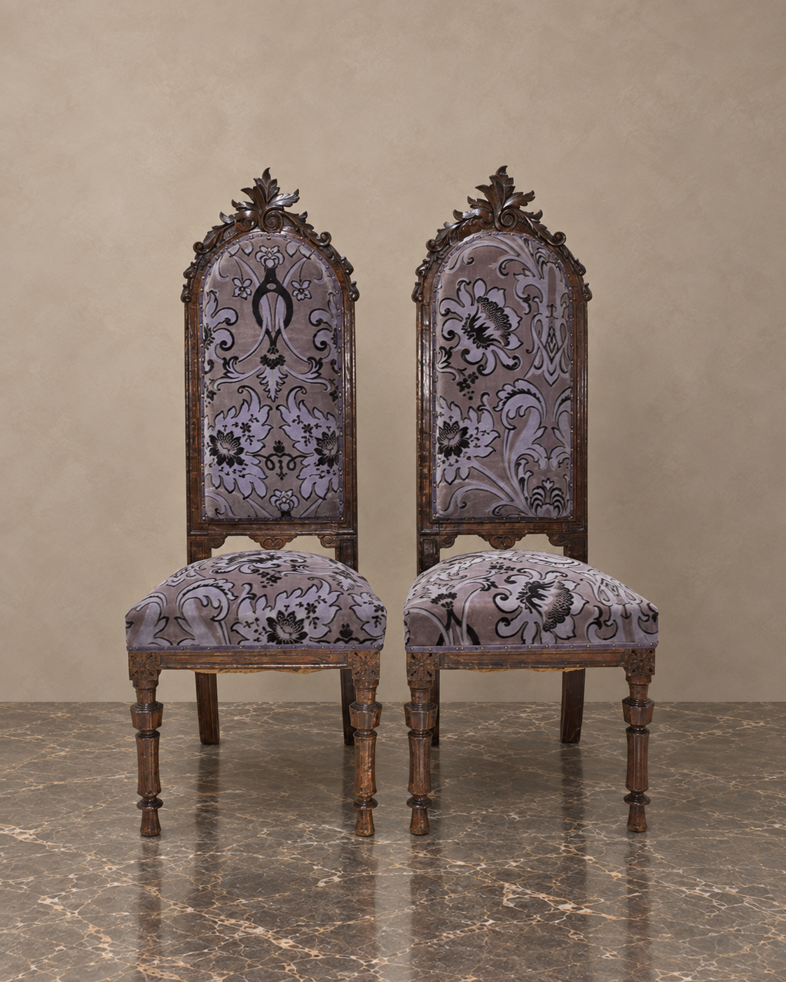 Pair of Alfonsine High-Back Damask Chairs — main view