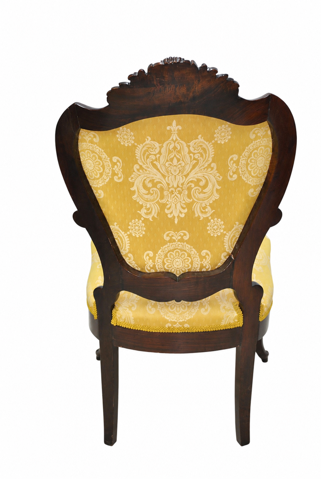 Set of Six Isabelino-Style Mahogany Chairs with Yellow Damask — detail on white background