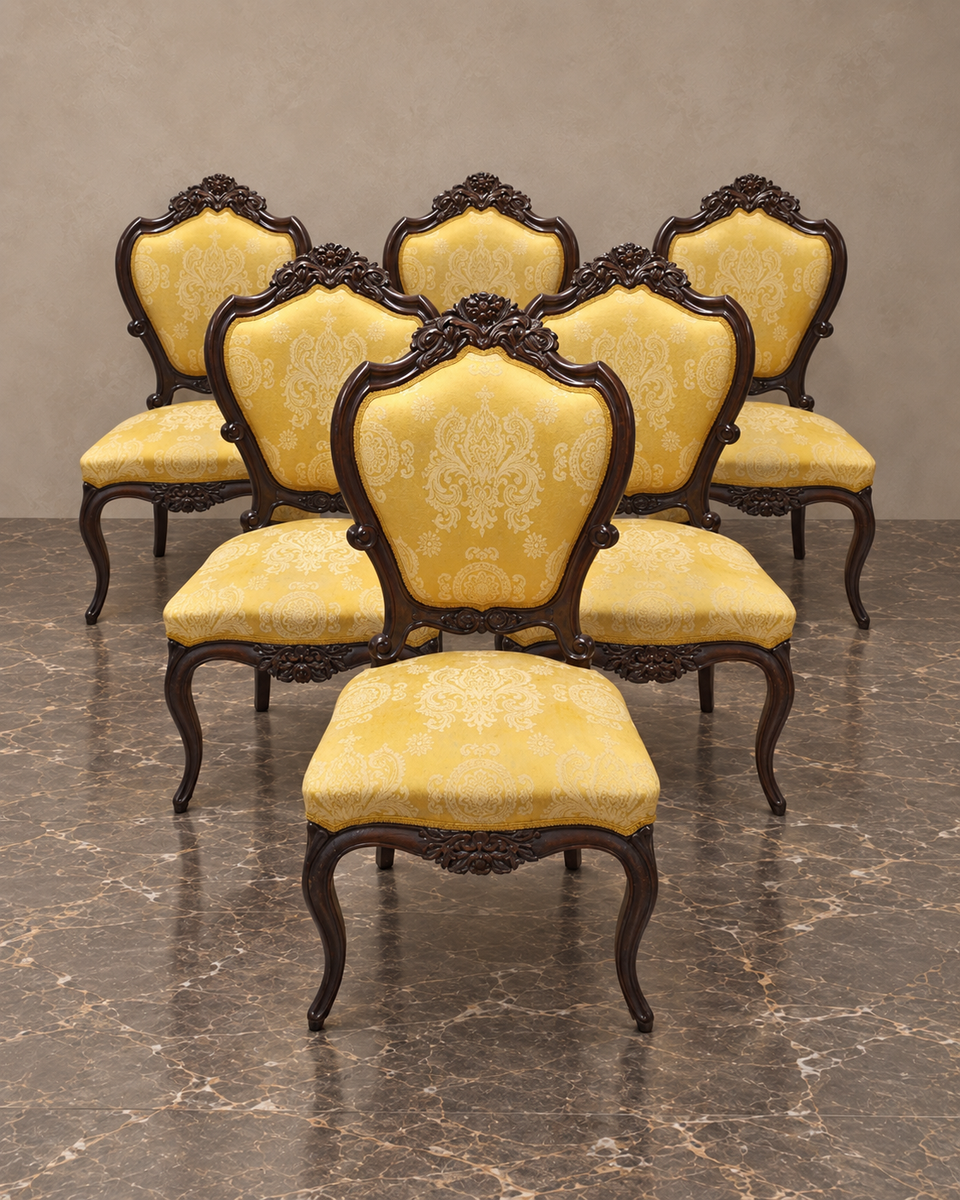Set aus sechs Stühlen im Isabelino-Stil aus Mahagoni mit gelbem Damastbezug
