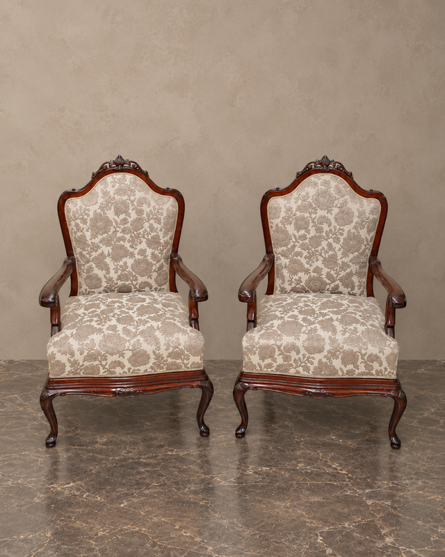 Pair of Carved-Wood Armchairs with Beige Floral Upholstery