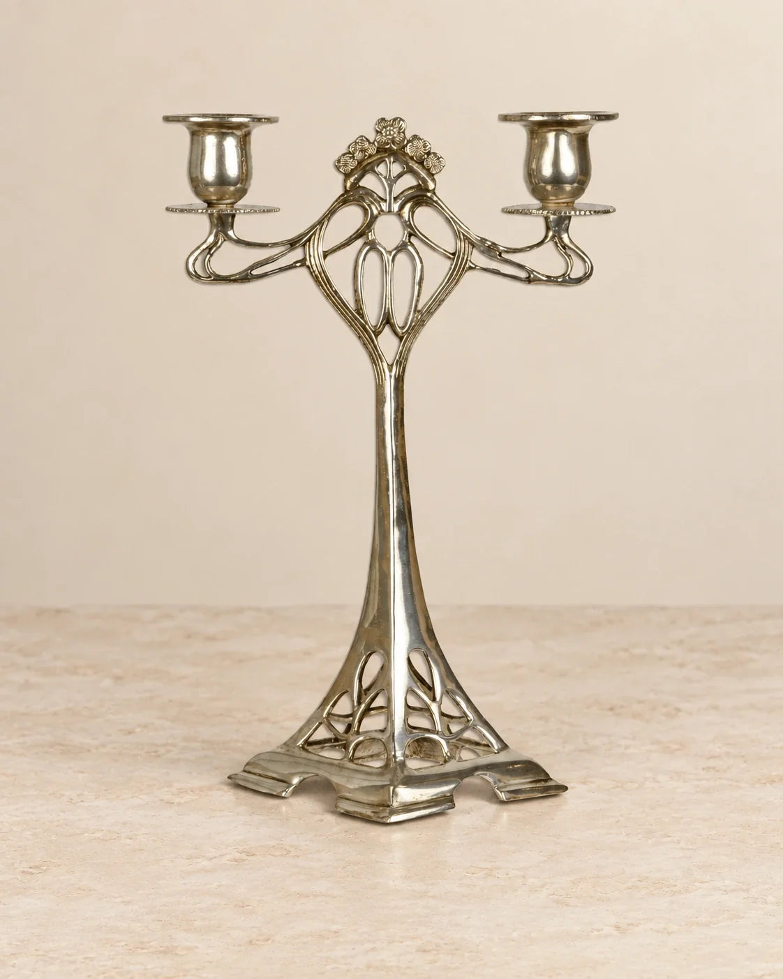 Silver-Plated Two-Light Floral Bronze Candle Holder — primary view