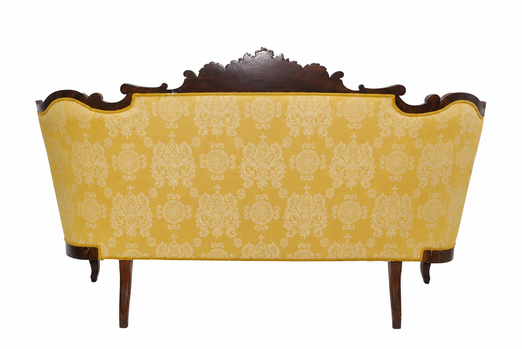 Carved Isabelino-Style Mahogany Sofa with Yellow Silk Damask — detail on white background