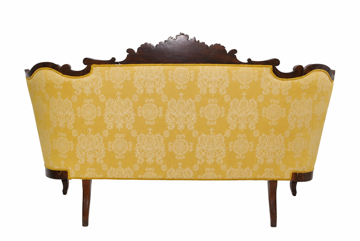 Carved Isabelino-Style Mahogany Sofa with Yellow Silk Damask — detail on white background