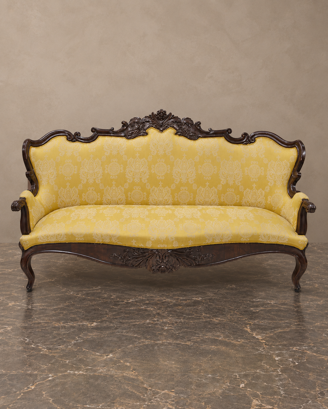 Carved Isabelino-Style Mahogany Sofa with Yellow Silk Damask — main view